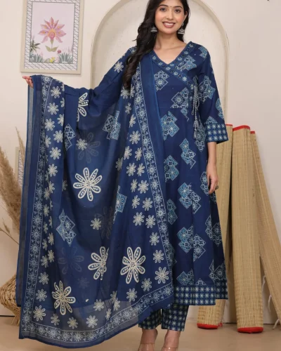Geometric Floral Printed V-Neck Kurta Pant Dupatta Set