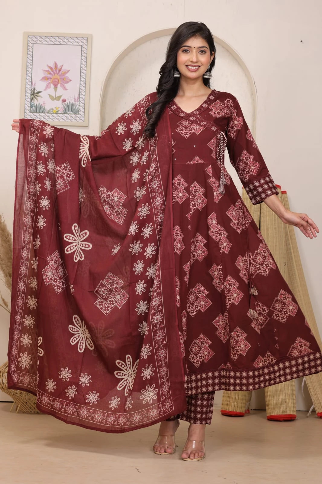 Geometric Floral Printed Flared Kurta Pant Dupatta Set