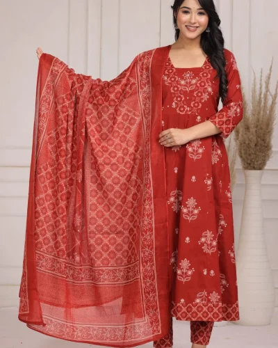 Floral Printed Flared Kurta Pant Dupatta Set