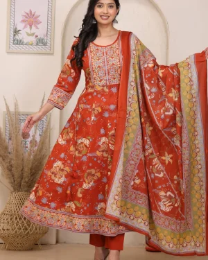 Floral Printed Anarkali Kurta Pant Dupatta Set
