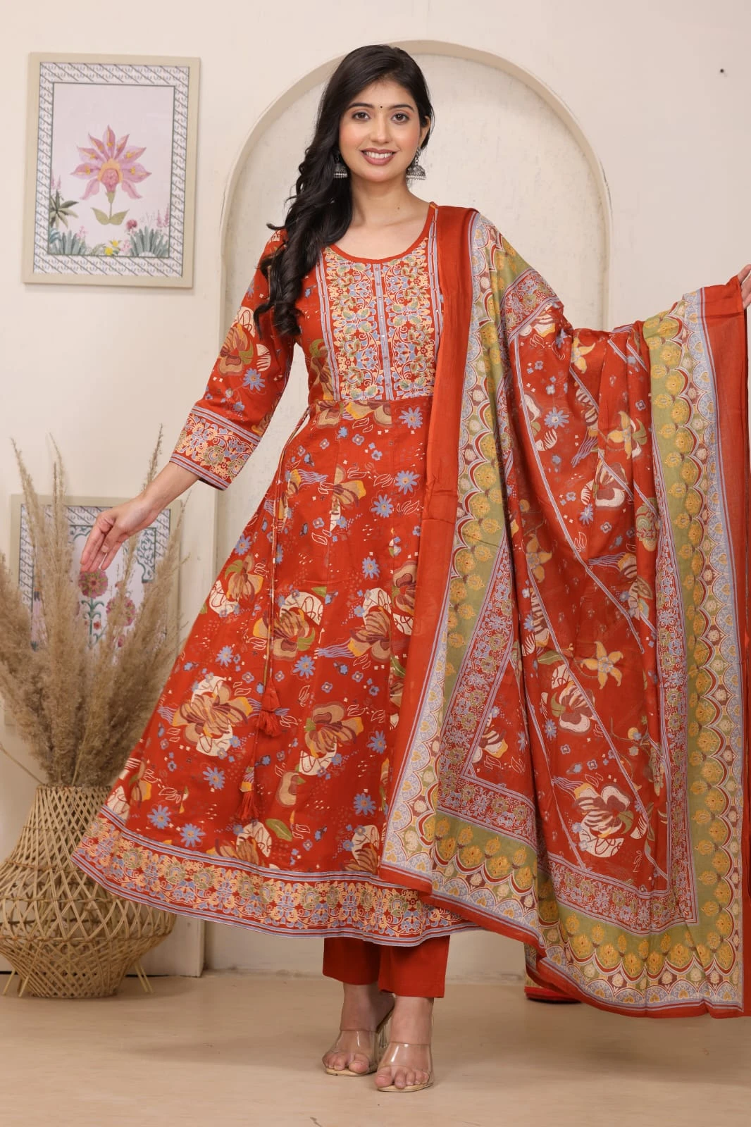 Floral Printed Anarkali Kurta Pant Dupatta Set