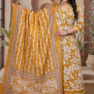 Botanical Block Print Straight Kurta Pant Dupatta Set