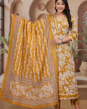 Botanical Block Print Straight Kurta Pant Dupatta Set