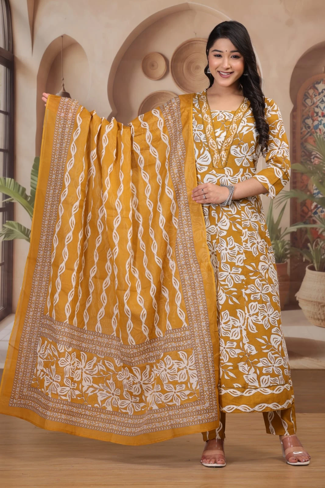 Botanical Block Print Straight Kurta Pant Dupatta Set