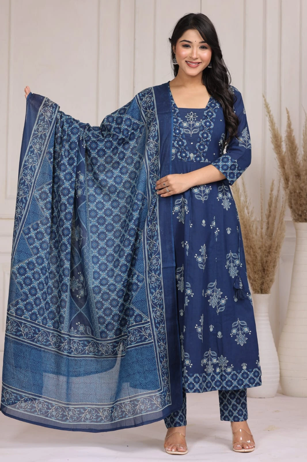 Floral Printed Square-Neck A-Line Kurta Pant Dupatta Set