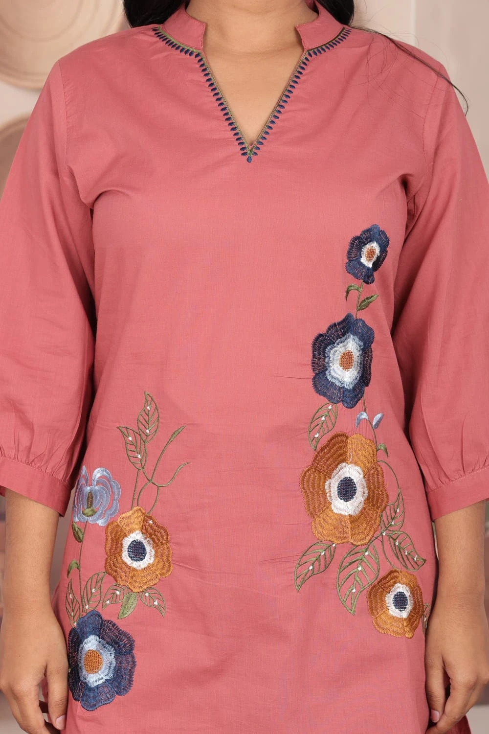 Floral Embroidered V-Neck Kurta Pant Co-ord Set