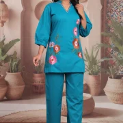 Floral Embroidered V-Neck Kurta Pant Co-ord Set