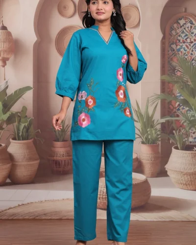 Floral Embroidered V-Neck Kurta Pant Co-ord Set