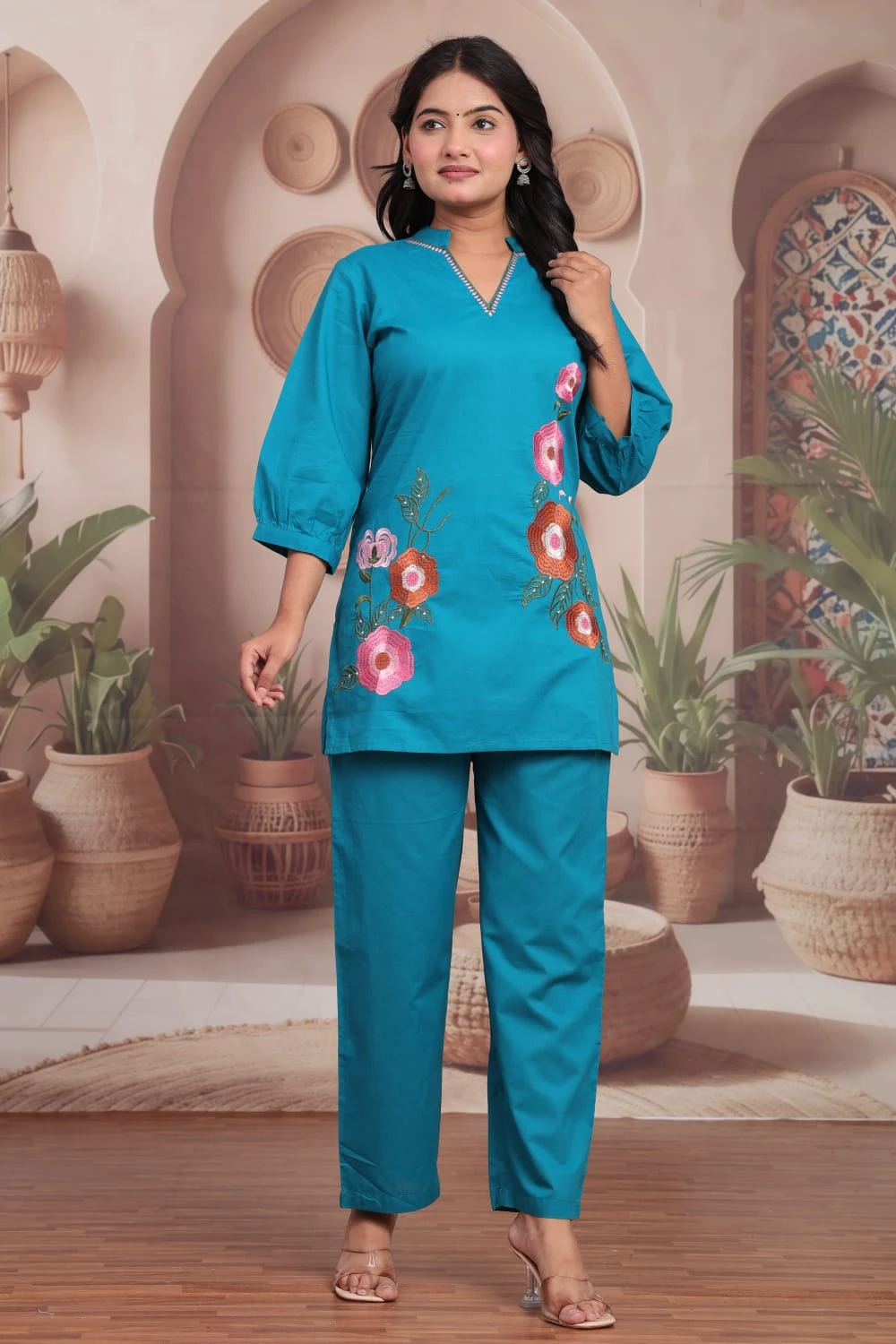 Floral Embroidered V-Neck Kurta Pant Co-ord Set