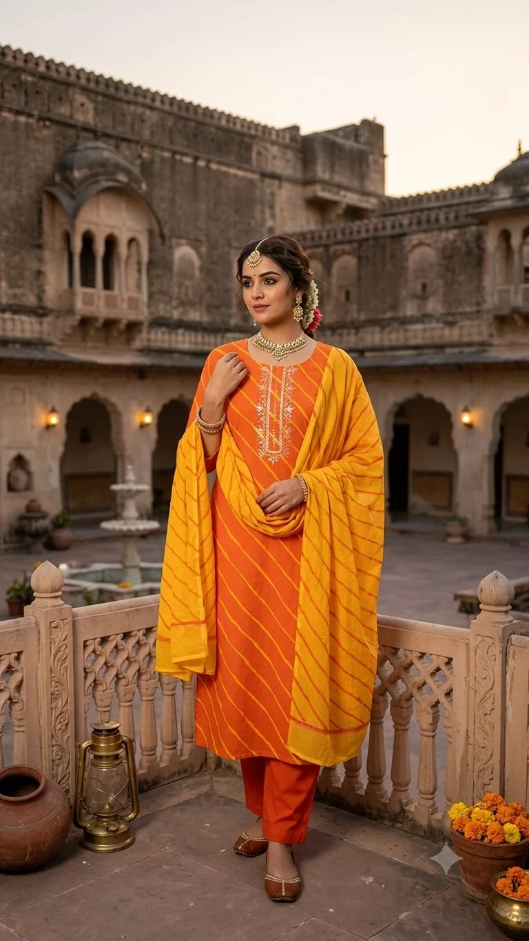 Leheriya Stripe Embroidered Placket Suit Set