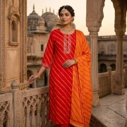 Leheriya Stripe Embroidered Placket Suit Set