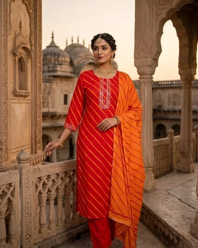 Leheriya Stripe Embroidered Placket Suit Set