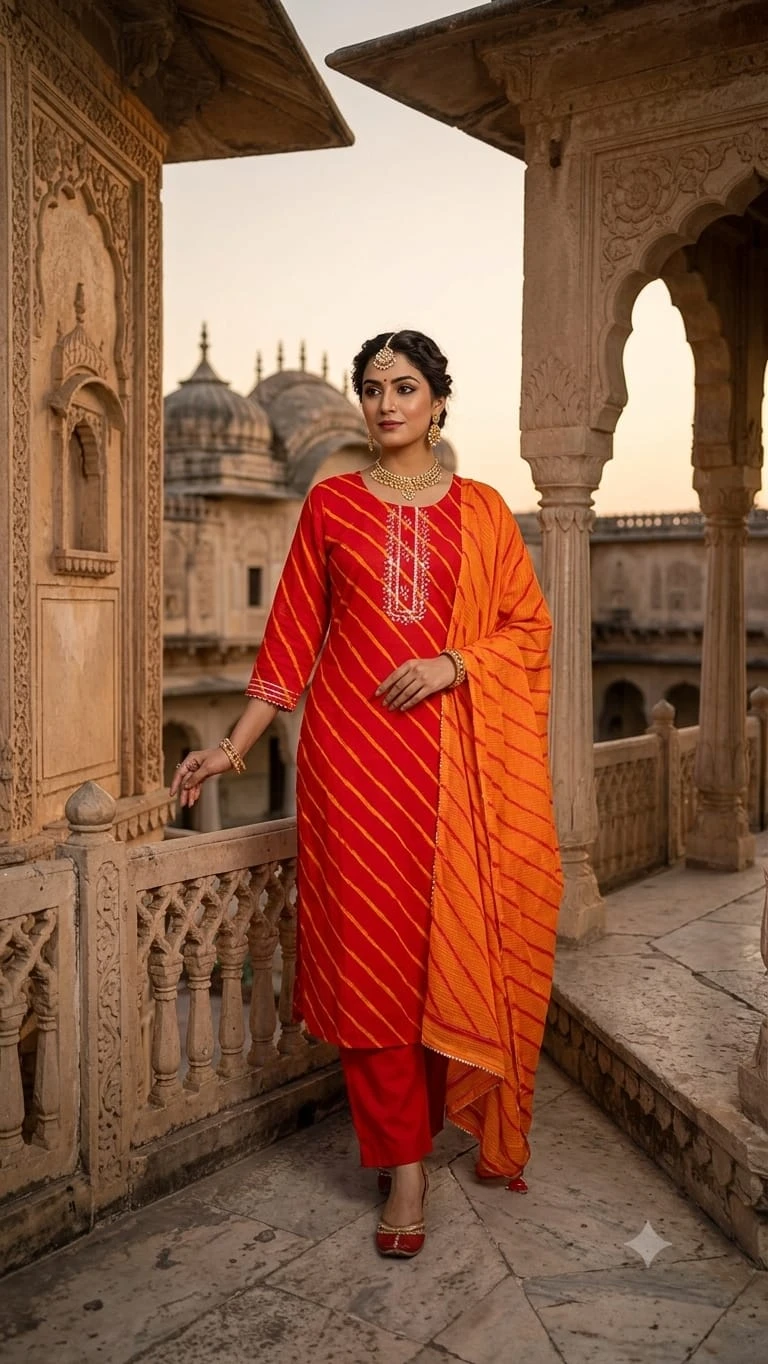 Leheriya Stripe Embroidered Placket Suit Set