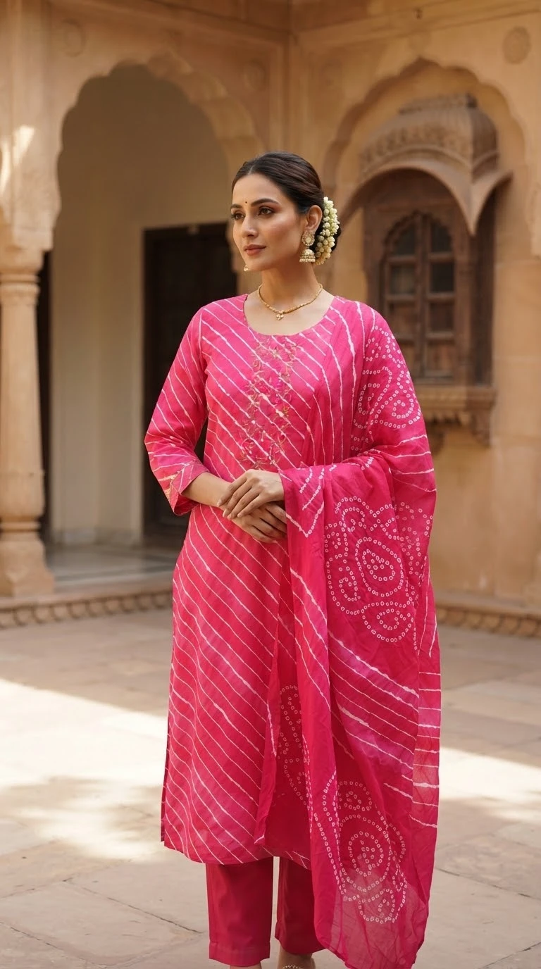 Bandhani-Leheriya Hybrid Gota Neck Suit Set