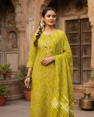 Bandhani Swirl Gota Work U-Neck Suit Set
