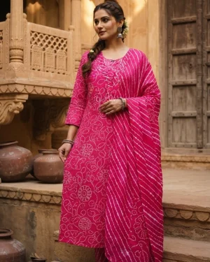 Bandhani Swirl Gota Work V-Neck Suit Set