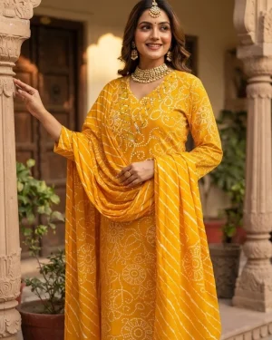 Bandhani Swirl Gota Work V-Neck Suit Set