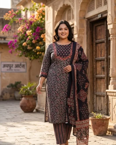 Rounde neck flower printed kurti design