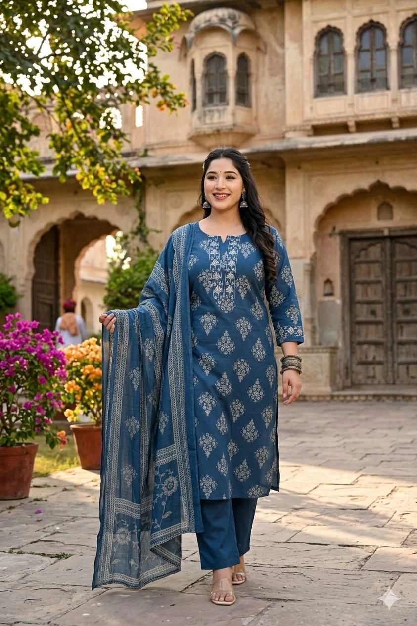 Noor Inverted Booti Silver Yoke Suit Set