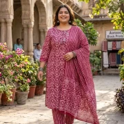 Magenta Bandhani Print Tassel Neck Suit Set