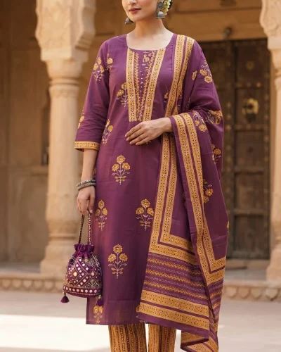 Purple Floral Boota Printed Yoke Suit Set
