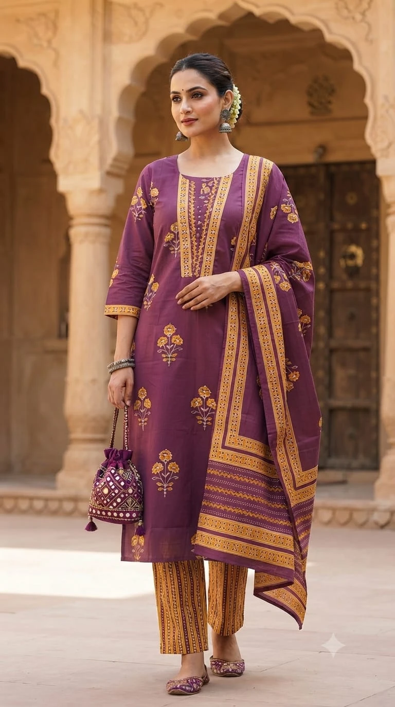 Purple Floral Boota Printed Yoke Suit Set