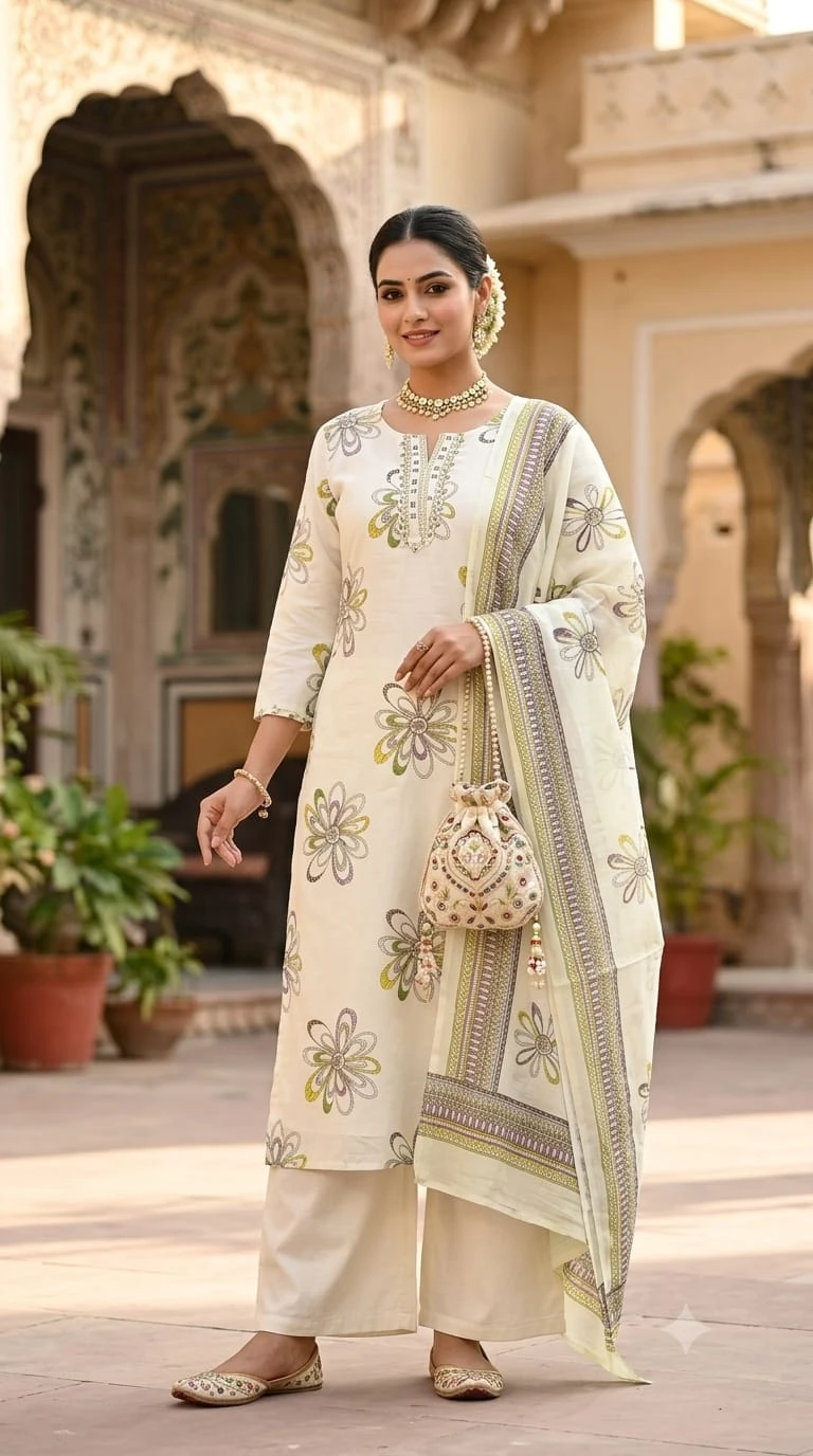 Kashish Floral Outline Square Yoke Suit Set