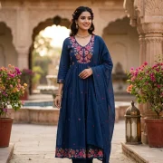 Floral Embroidered Mal Cotton Anarkali Suit Set (With Dupatta)