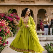 Floral Embroidered Mal Cotton Anarkali Suit Set (With Dupatta)
