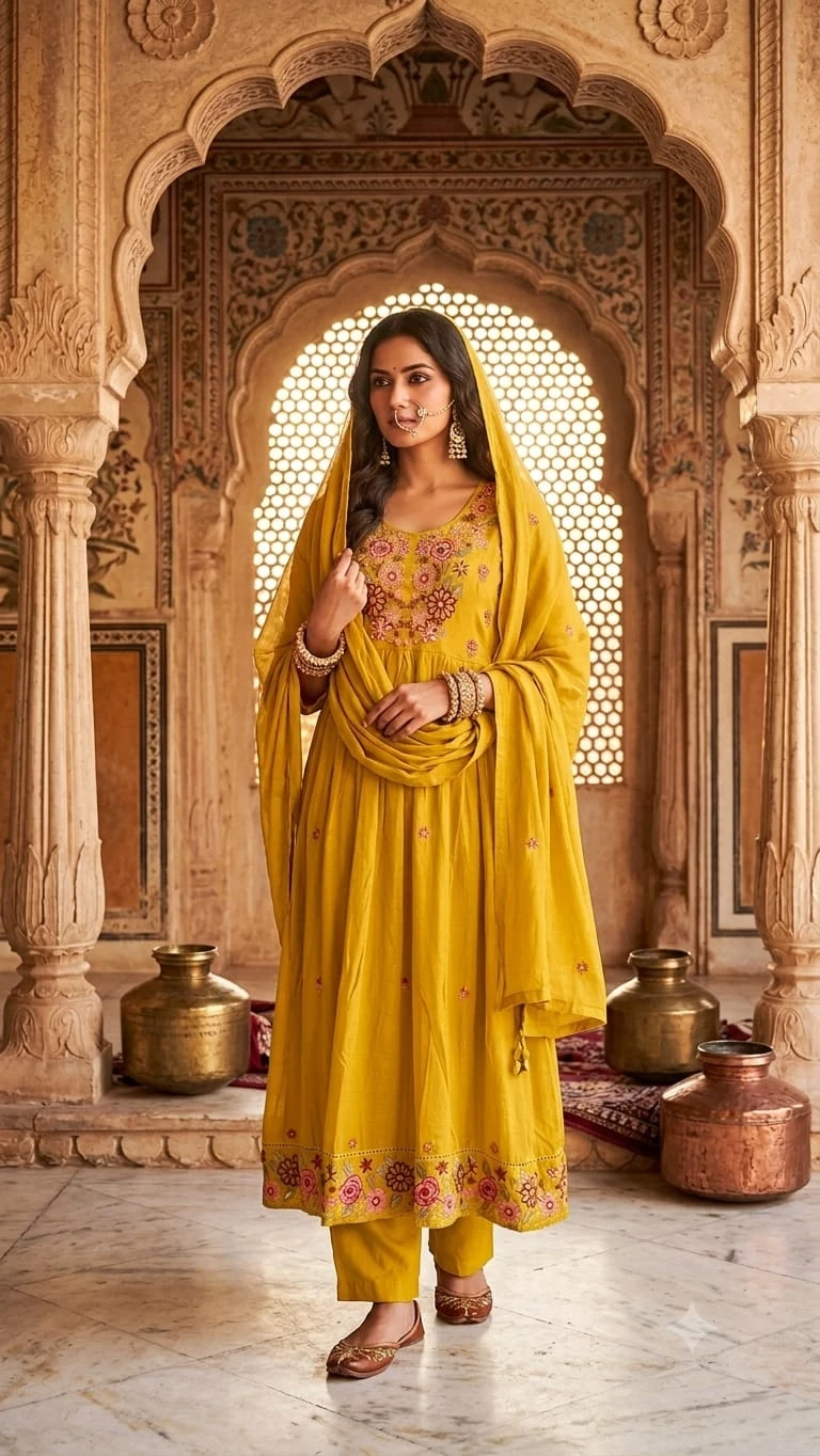 Floral Embroidered Mal Cotton Anarkali Suit Set (With Dupatta)
