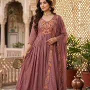 Floral Embroidered Mal Cotton Anarkali Suit Set (With Dupatta)