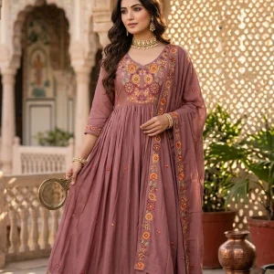 Floral Embroidered Mal Cotton Anarkali Suit Set (With Dupatta)