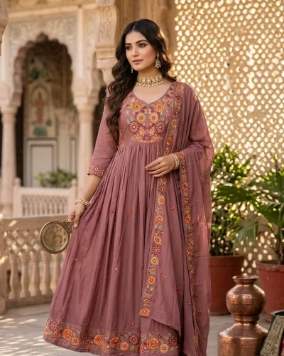 Floral Embroidered Mal Cotton Anarkali Suit Set (With Dupatta)