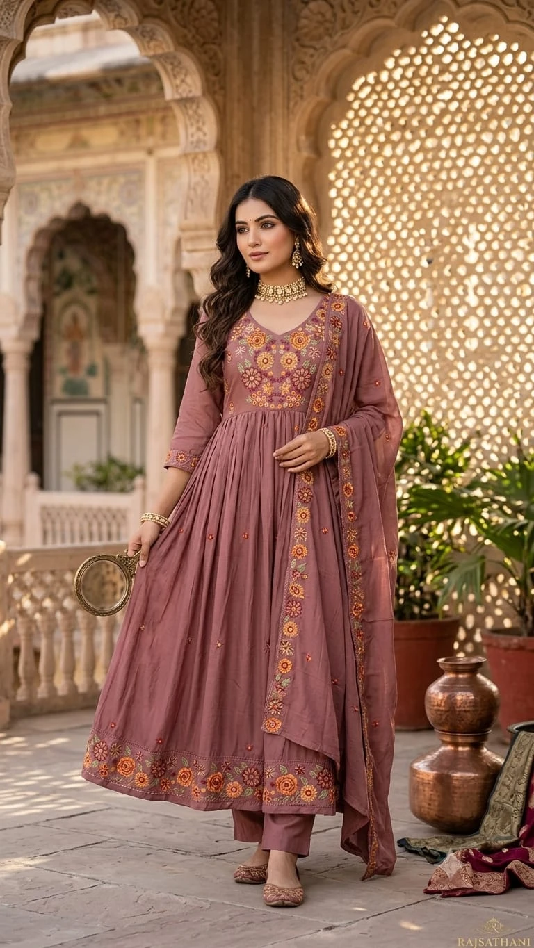 Floral Embroidered Mal Cotton Anarkali Suit Set (With Dupatta)