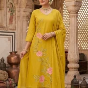 Elegant Floral Embroidered Cotton Kurti Pant & Dupatta Set