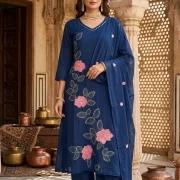 Elegant Floral Embroidered Cotton Kurti Pant & Dupatta Set