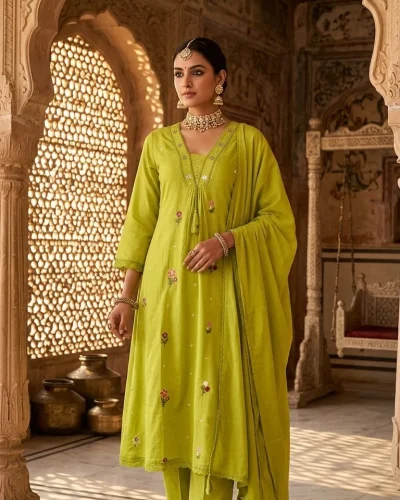 Elegant A-Line Mal Cotton Embroidered Kurti Pant & Dupatta Set (With Pocket)