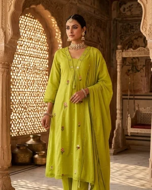 Elegant A-Line Mal Cotton Embroidered Kurti Pant & Dupatta Set (With Pocket)