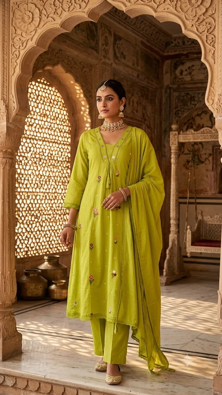 Elegant A-Line Mal Cotton Embroidered Kurti Pant & Dupatta Set (With Pocket)