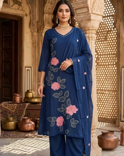 Elegant Floral Embroidered Cotton Kurti Pant & Dupatta Set
