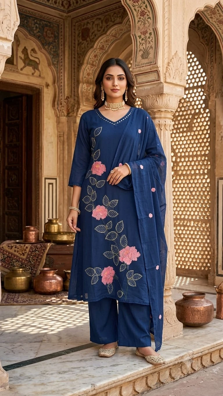 Elegant Floral Embroidered Cotton Kurti Pant & Dupatta Set
