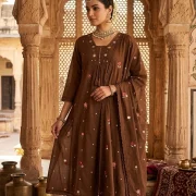 Elegant A-Line Mal Cotton Embroidered Kurti Pant & Dupatta Set (With Pocket)