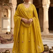 Elegant A-Line Mal Cotton Embroidered Kurti Pant & Dupatta Set (With Pocket)