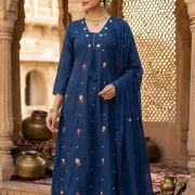 Elegant A-Line Mal Cotton Embroidered Kurti Pant & Dupatta Set (With Pocket)