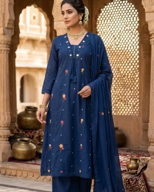 Elegant A-Line Mal Cotton Embroidered Kurti Pant & Dupatta Set (With Pocket)