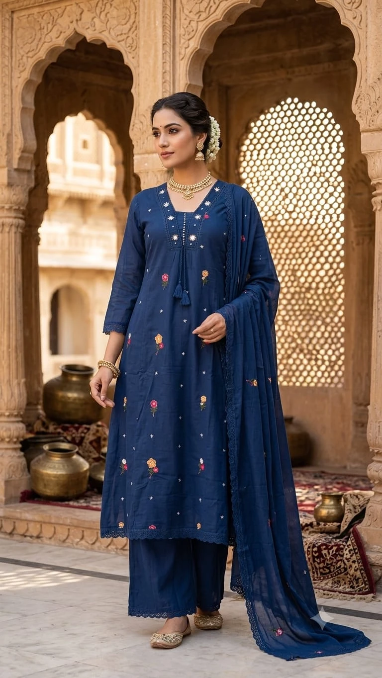 Elegant A-Line Mal Cotton Embroidered Kurti Pant & Dupatta Set (With Pocket)
