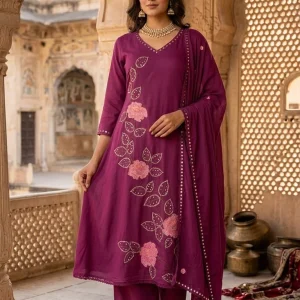 Elegant Floral Embroidered Cotton Kurti Pant & Dupatta Set