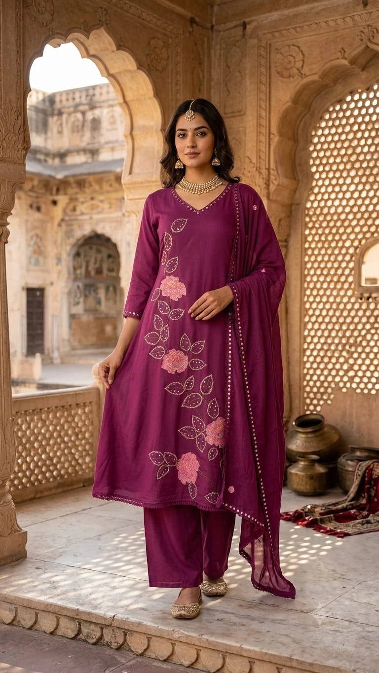 Elegant Floral Embroidered Cotton Kurti Pant & Dupatta Set